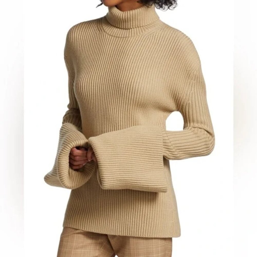 NWOT $895 ST. JOHN BELL CUFF RIBBED TURTLENECK WOOL SWEATER IN BEIGE SIZE L